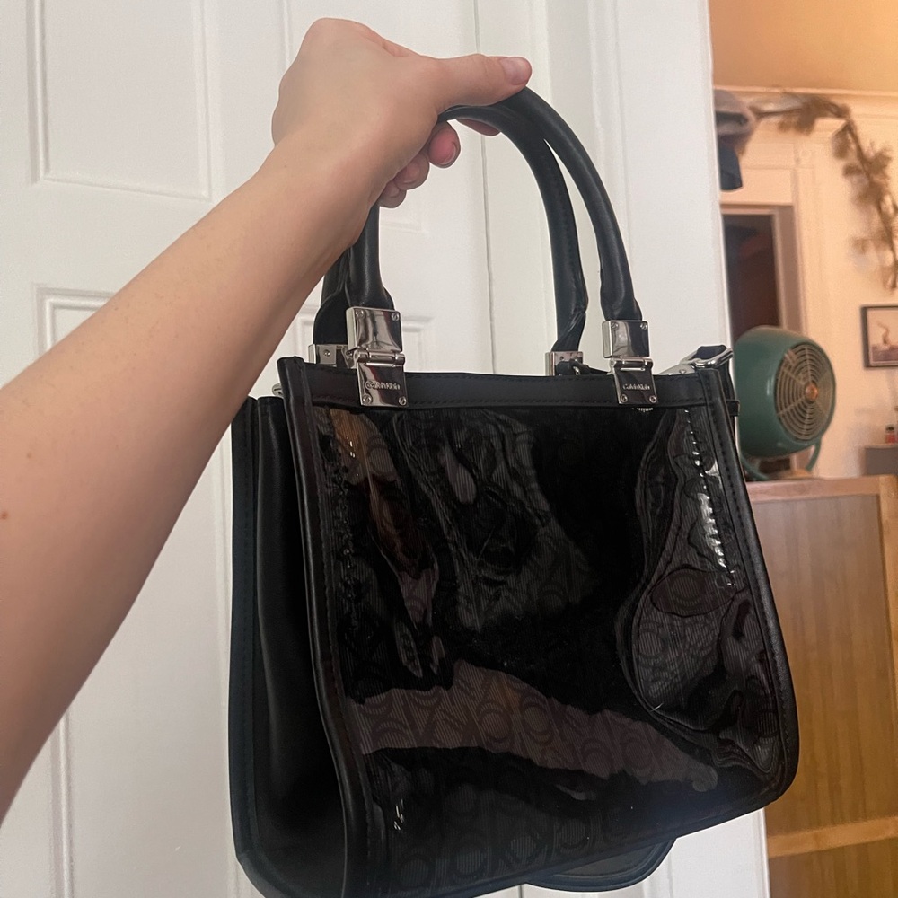 Calvin Klein Black Satchel with Glossy Patent Finish